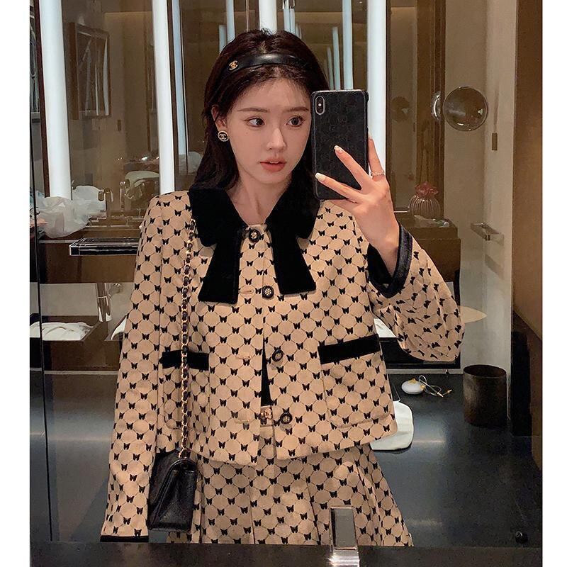 【set】気質満点チェック柄リボンアウター+スカートオシャレ２点セット G3106