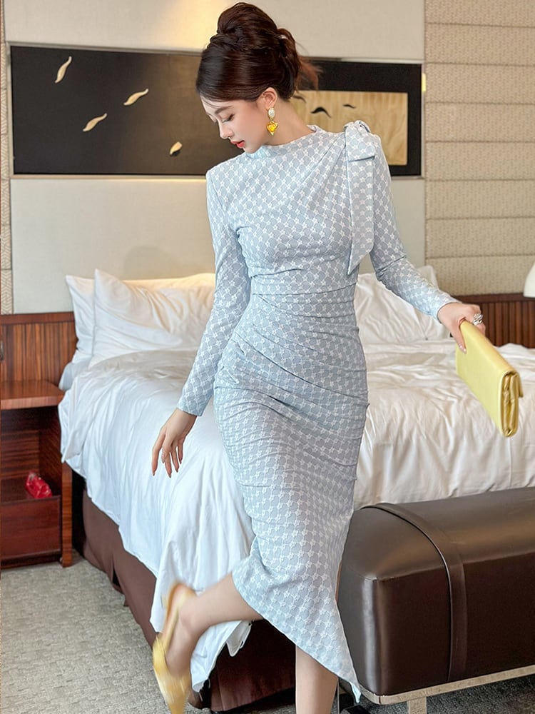 【dress】リボン付きスリット入れニットワンピース Q7186