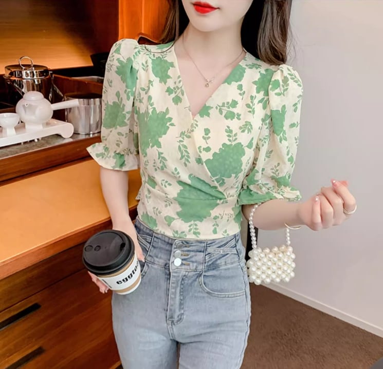 【tops】Vネック花柄ブラウスG20927