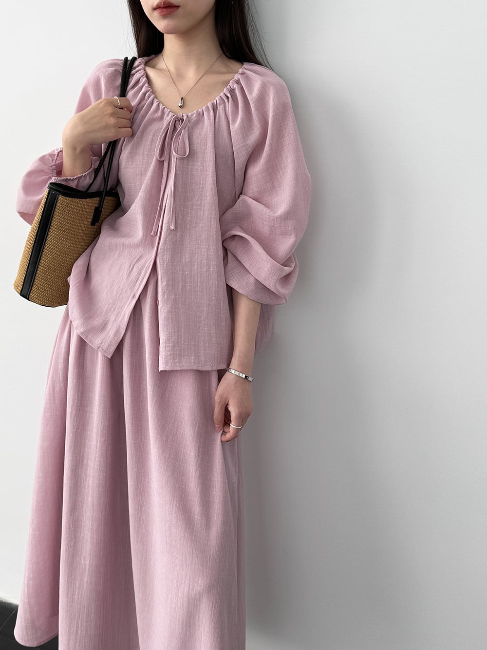 【set】リボン付きトップス×ロングスカートセット Q8324