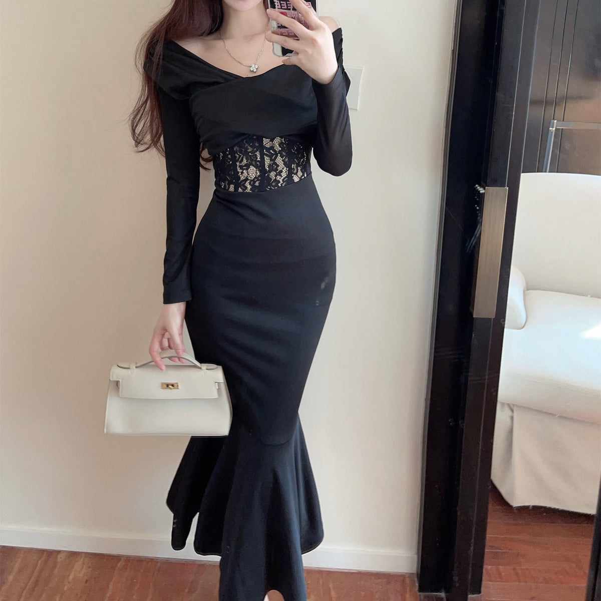 【dress】ウエストレースマーメイドワンピース　N2729