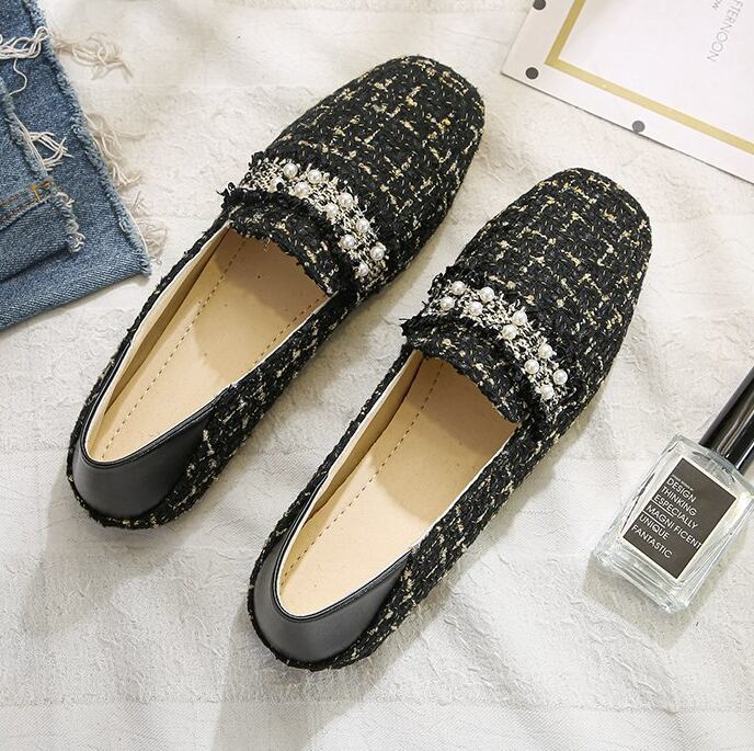 【shoes】今季大好評秋新作2色履きやすい美脚魅せチェック柄ビーズ飾りフラットシューズF0978