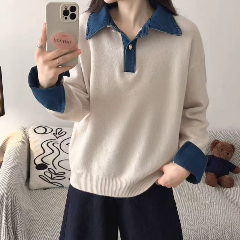 【tops】デニムドッキングニットトップス Q7216