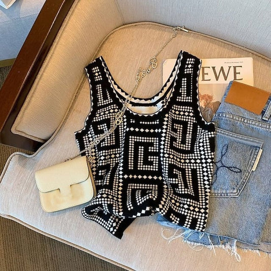 【tops】ノースリーブ人気配色着回しニットタンクトップF5353