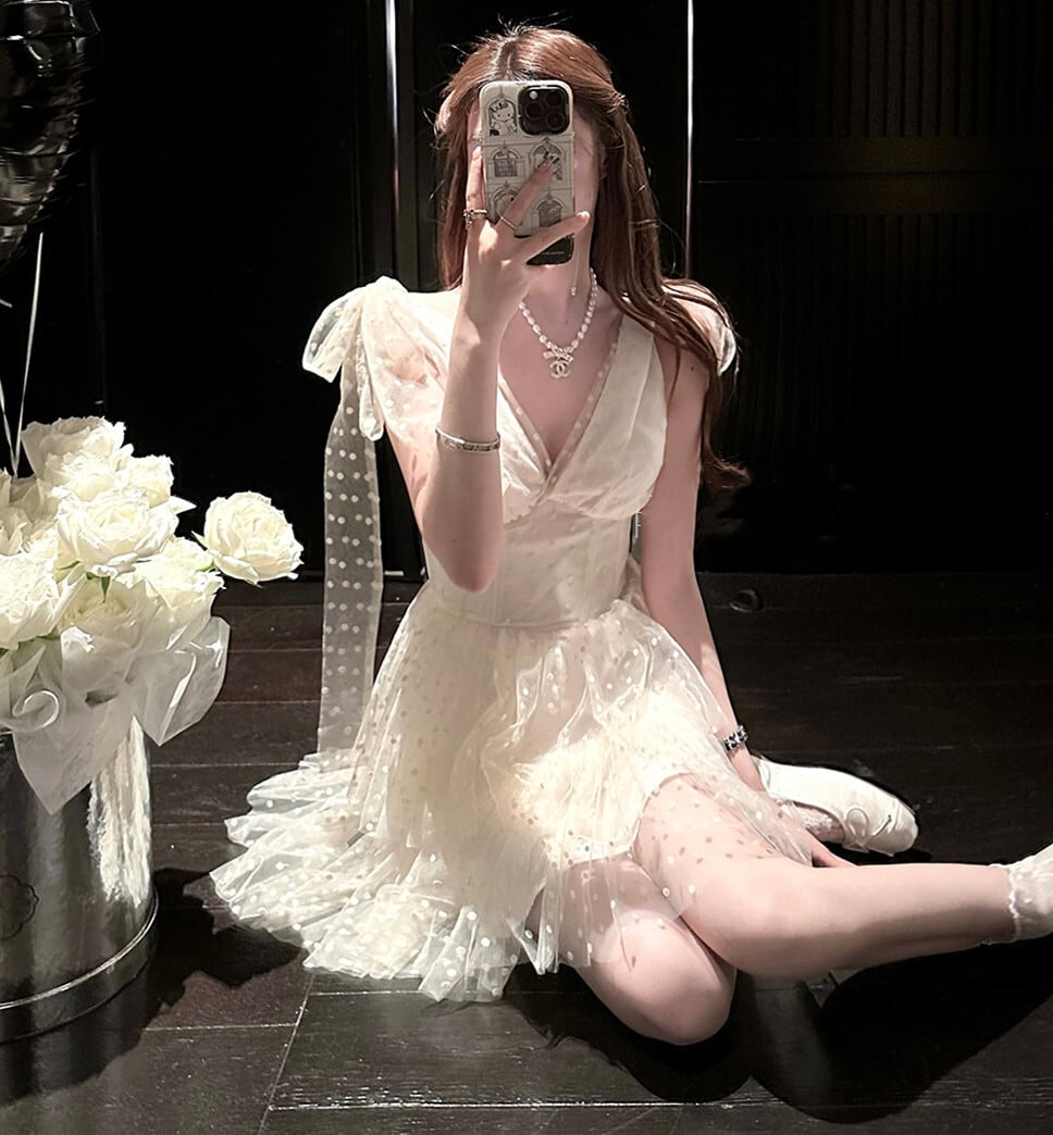 【dress】ショルダーリボンチュールワンピース　M31301