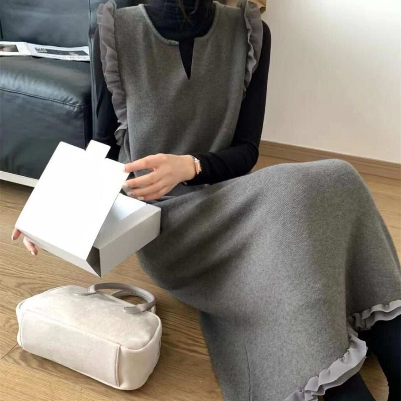 【dress】ギャザーベストロング丈ワンピースF8104