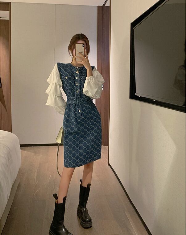 【set】清純甘くて女子力UP！気質満点ファッショントップス+デニムワンピース２点セット G9443