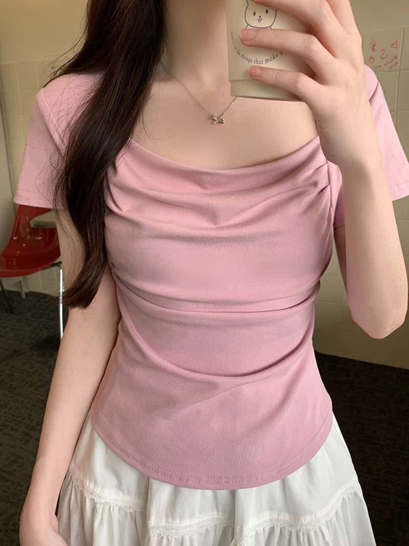 【tops】スクエアネックギャザーTシャツG21558