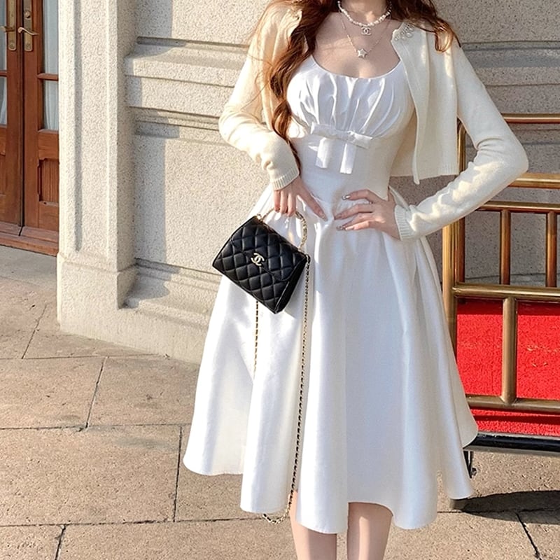 【dress】リボン付きノースリーブフレアワンピース Q7989