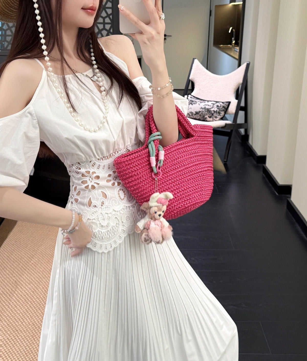 【set】カットワークレースオフショルトップス×プリーツスカートセット     N3109