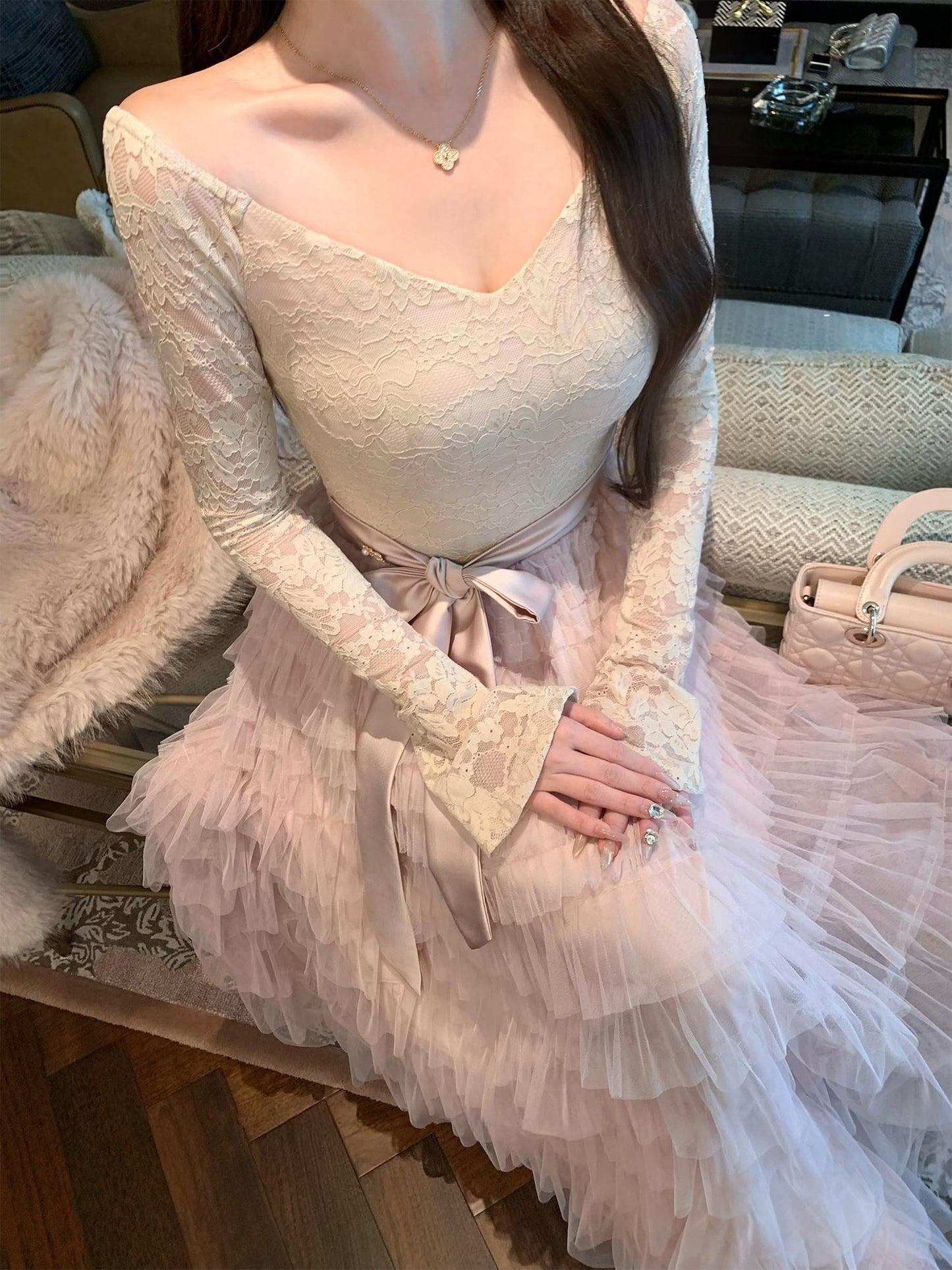 【dress】レースドッキングティアードワンピース　N3475