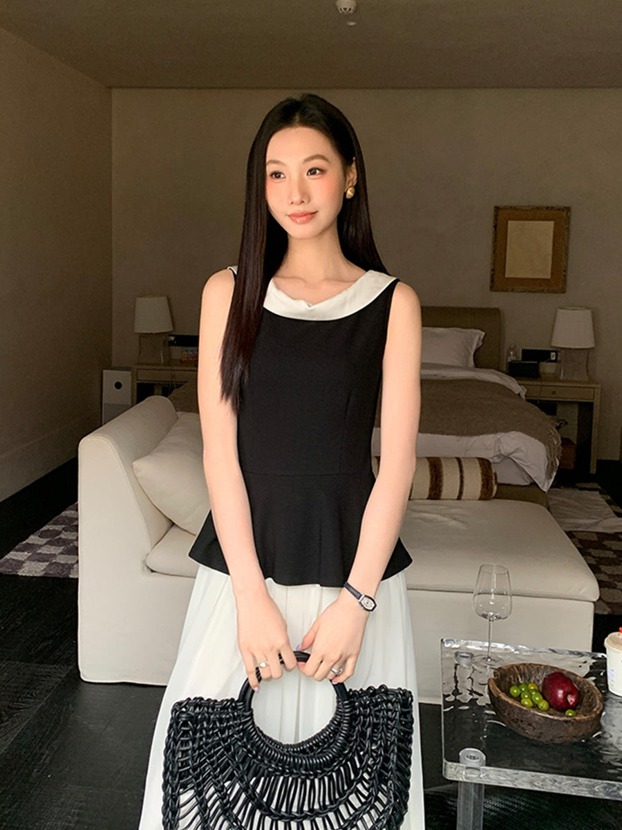 【dress】ノースリーブ配色ロングワンピース Q8749