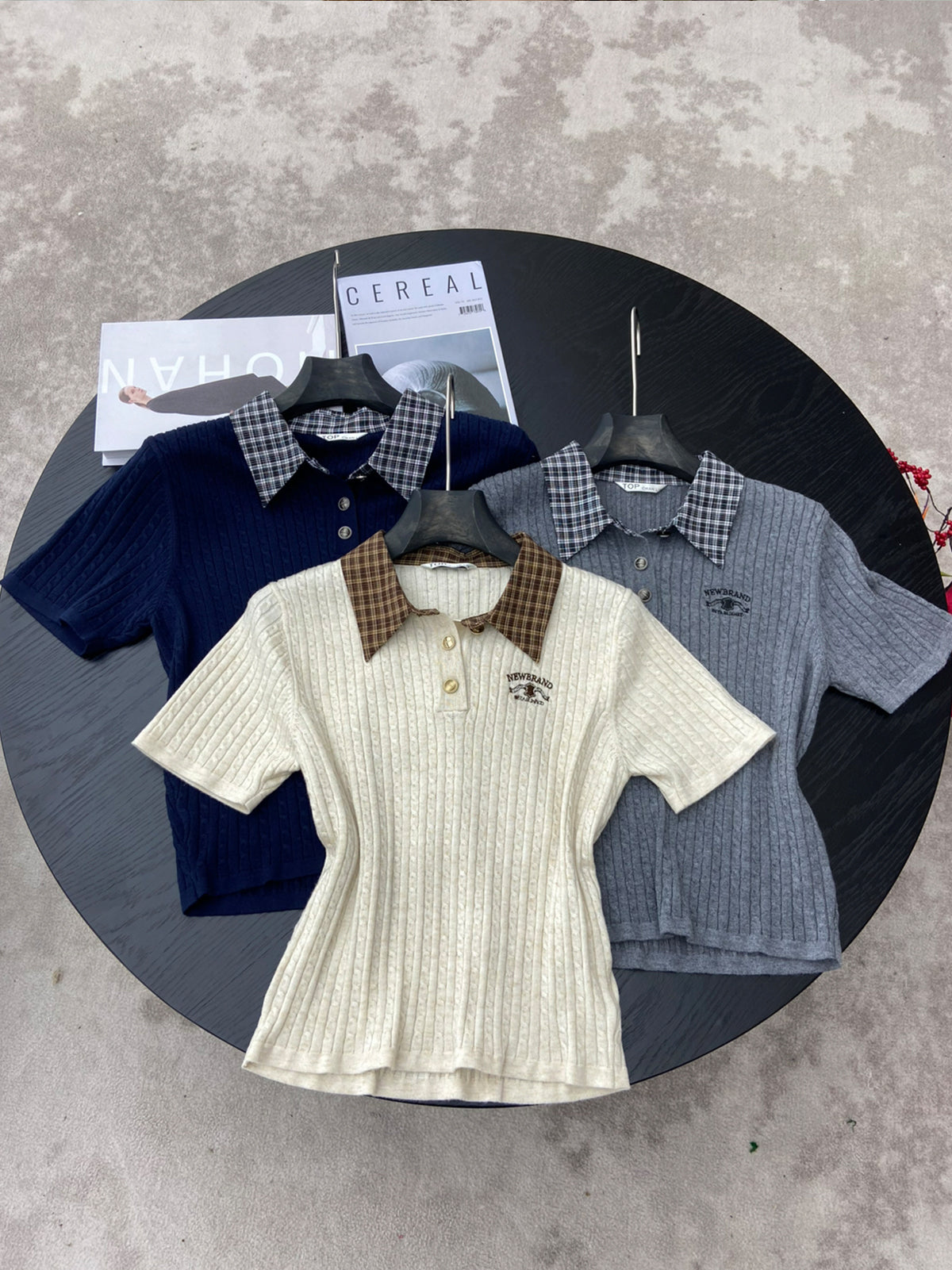 【tops】チェック柄ネックニットポロシャツ Q8947