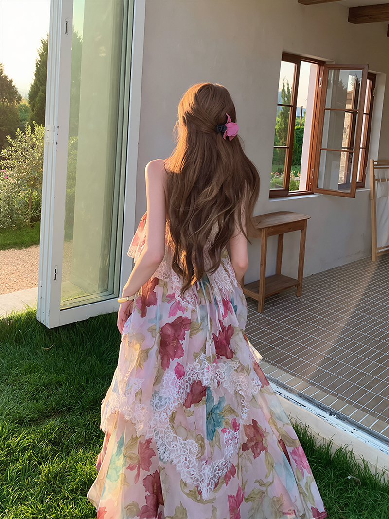 【dress】フラワー柄レースドッキングティアードキャミワンピース Q8628