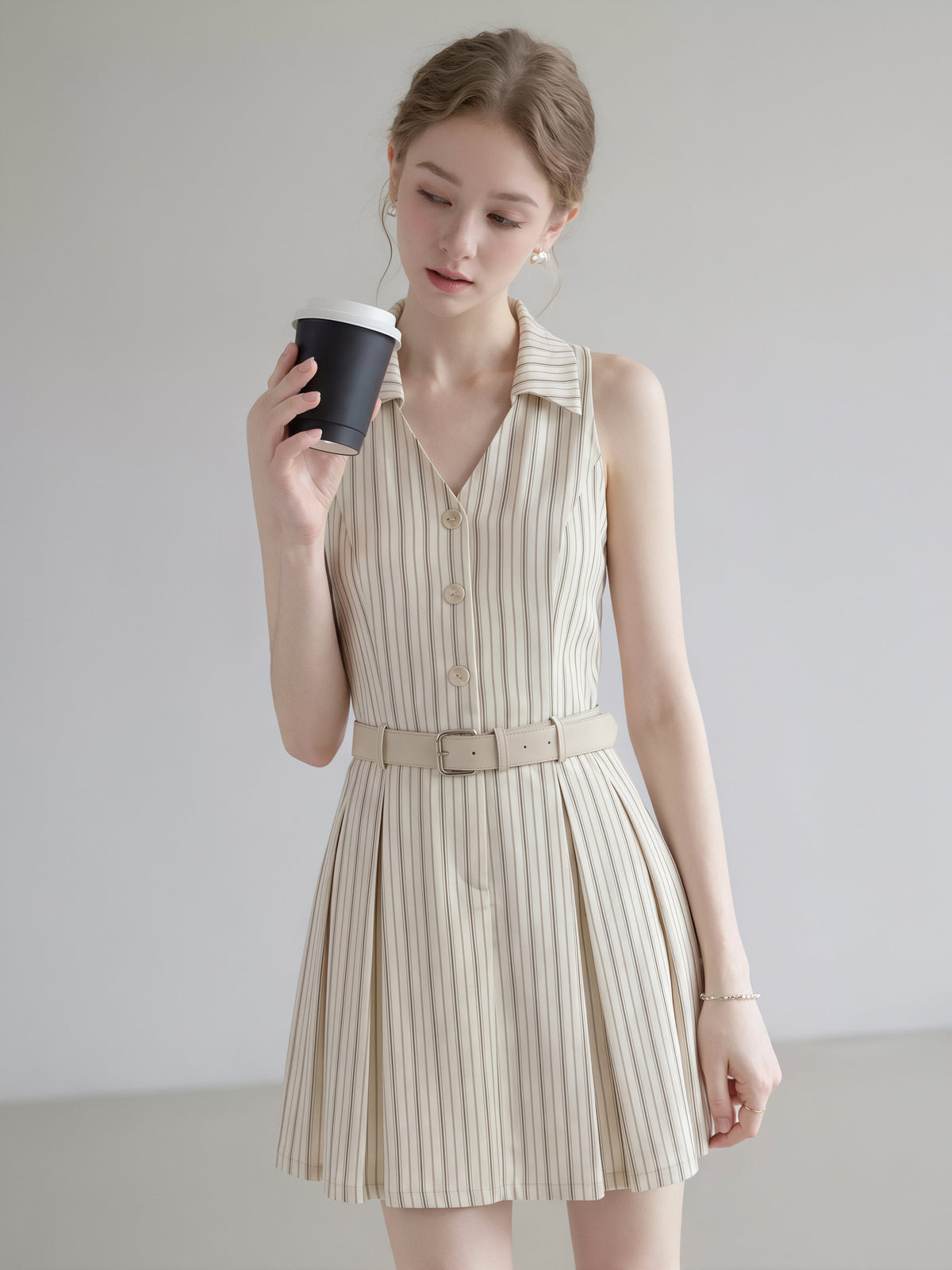 【dress】ノースリーブストライプ柄シャツワンピース Q8829