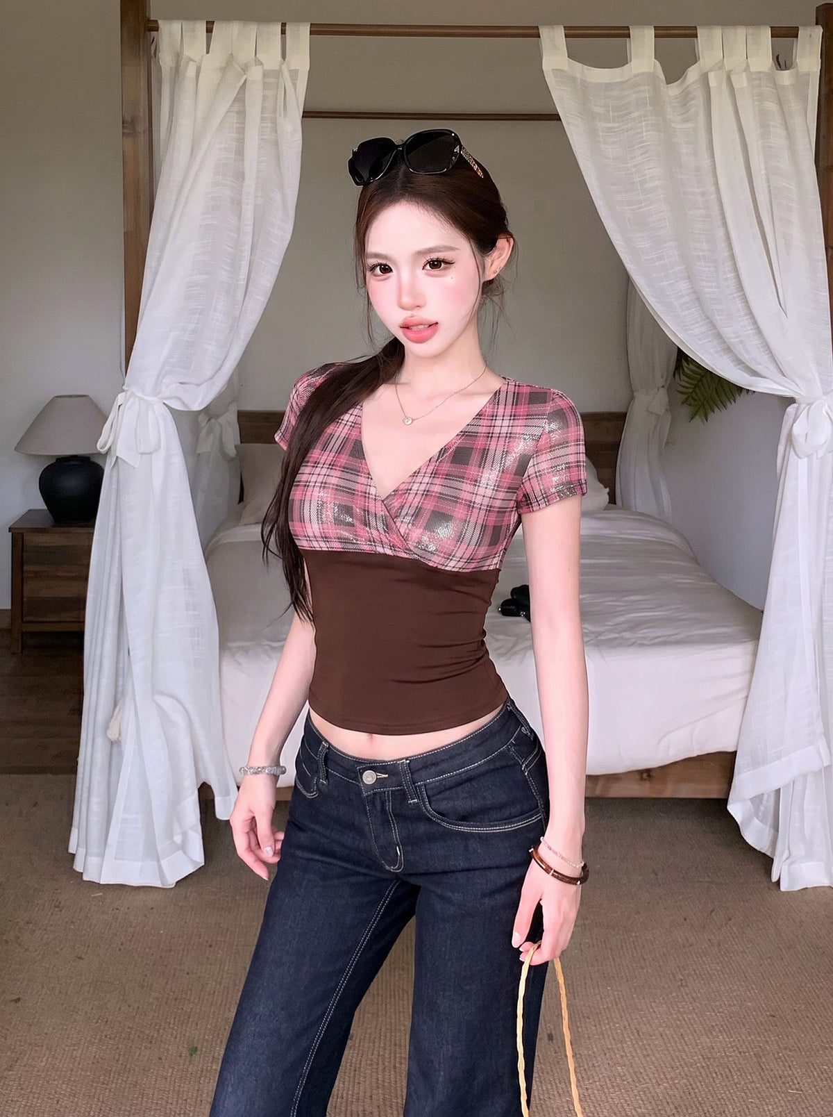 【tops】チェック柄ドッキング半袖トップス Q8716