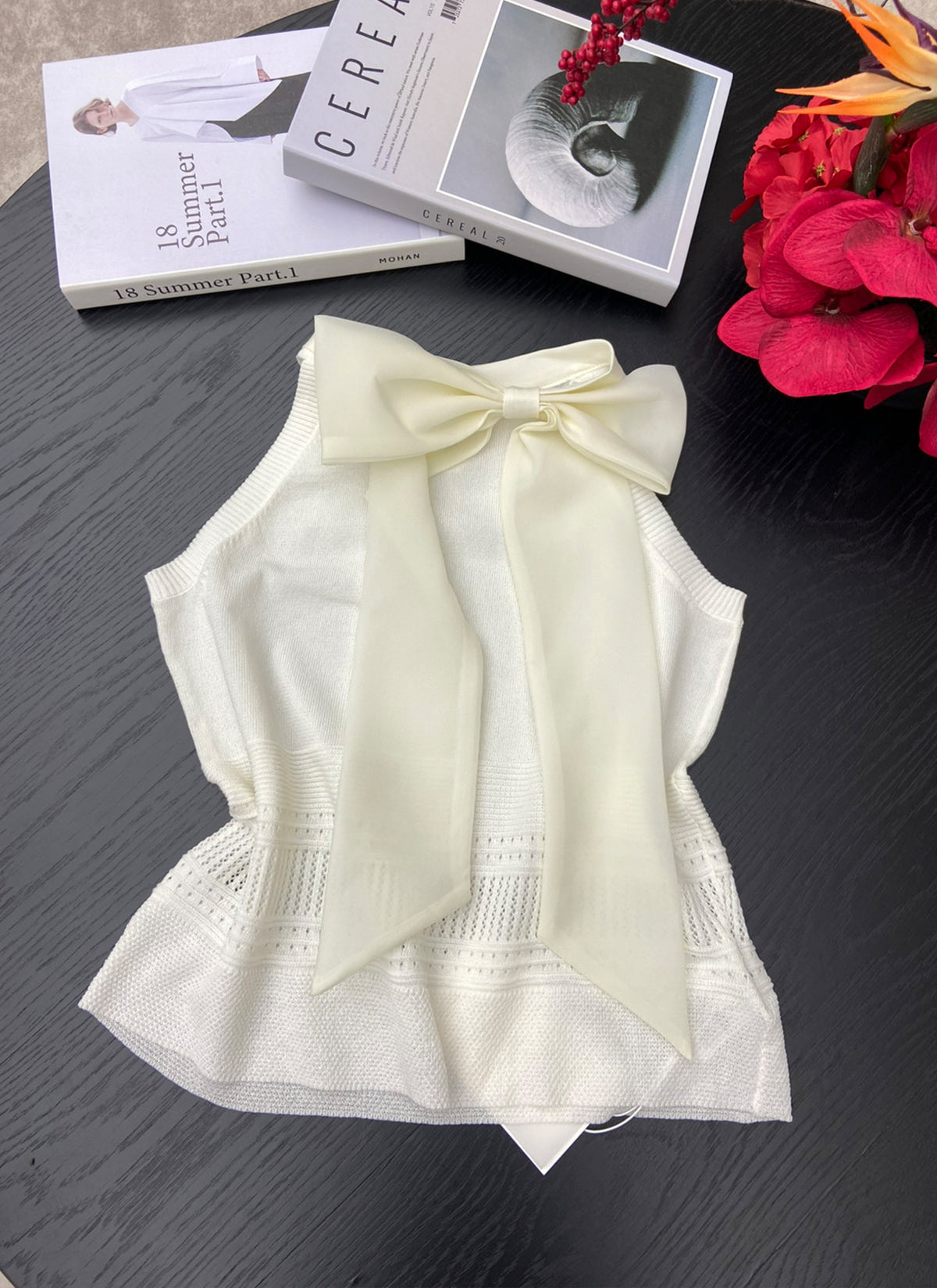 【tops】リボン付きノースリーブニットトップス Q8775