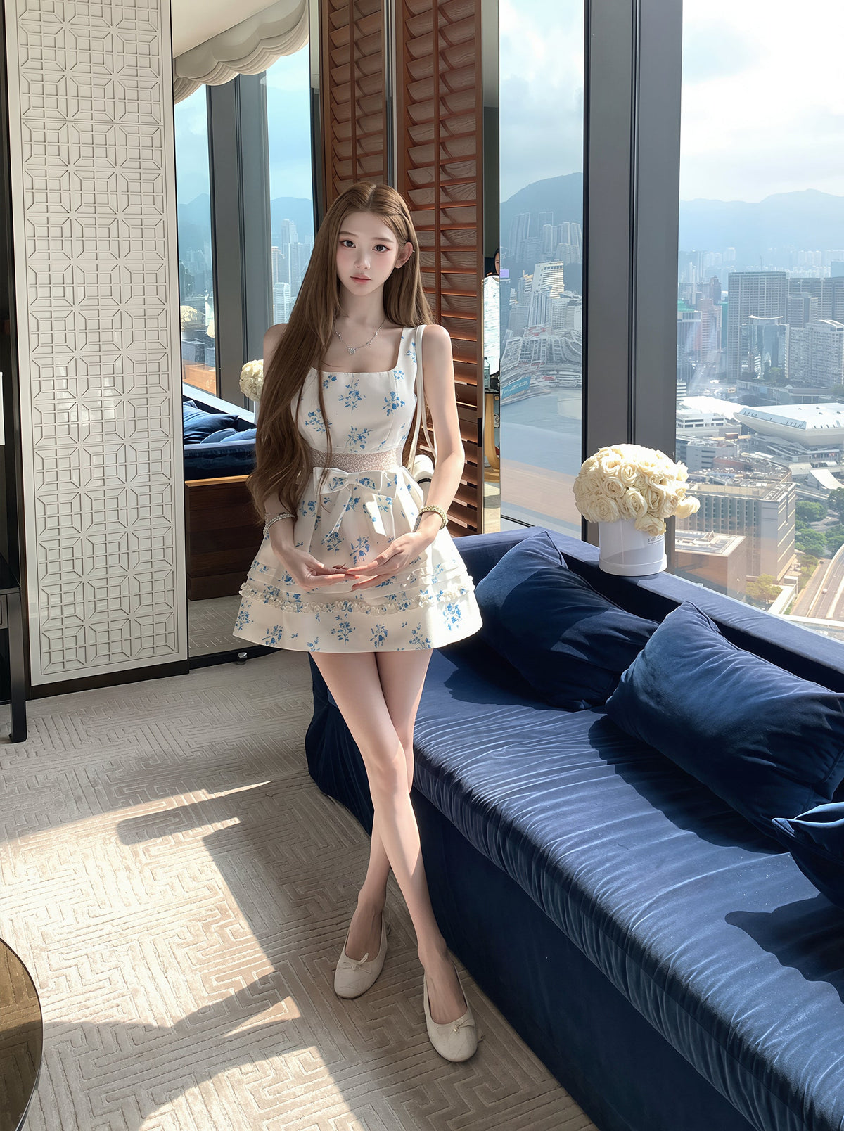 【dress】フラワー柄レースドッキングワンピース Q8757