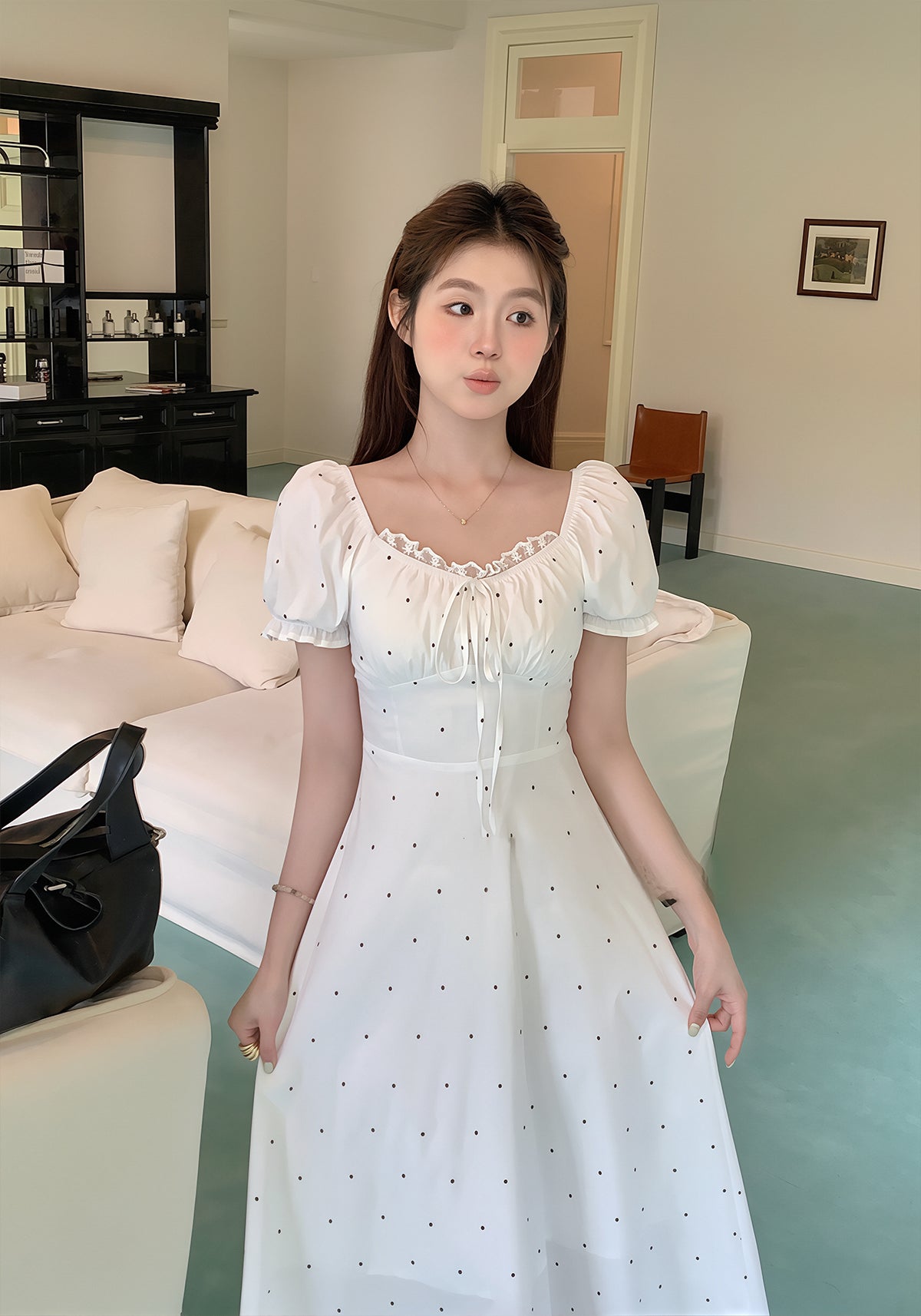 【dress】ドット柄レースドッキングロングワンピース Q8754