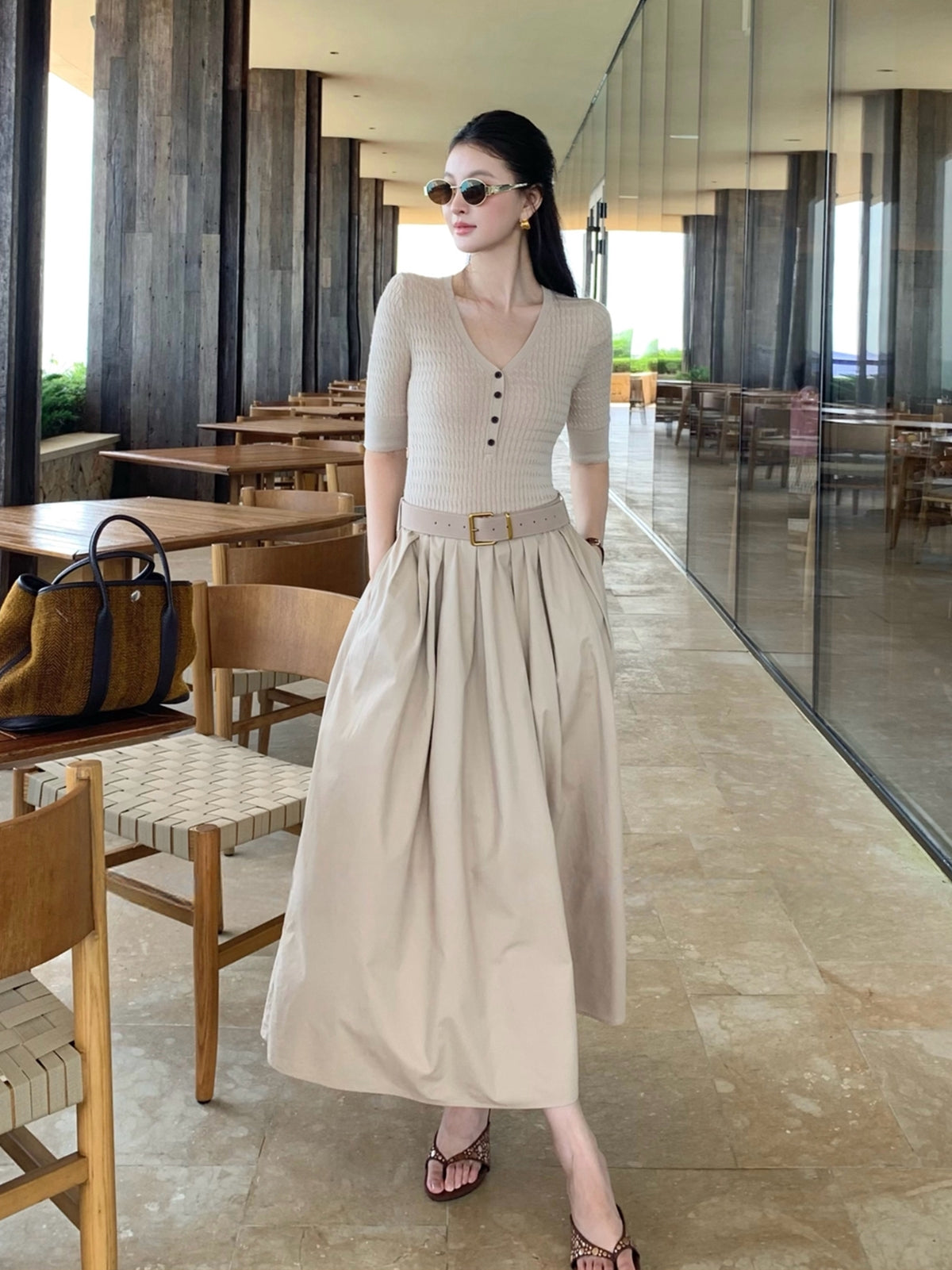 【dress】半袖ニットドッキングロングワンピース Q8920