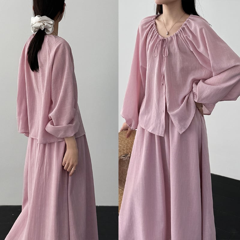 【set】リボン付きトップス×ロングスカートセット Q8324