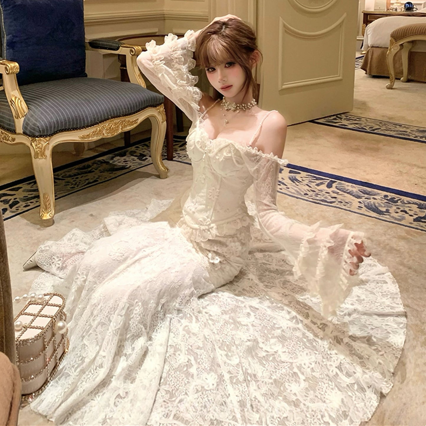 【set】ベルスリーブレーストップス×マーメイドスカートセット N3414