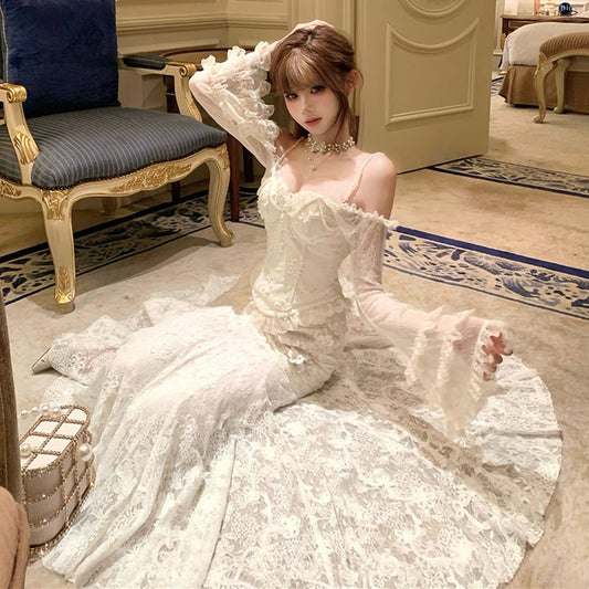 【set】ベルスリーブレーストップス×マーメイドスカートセット N3414