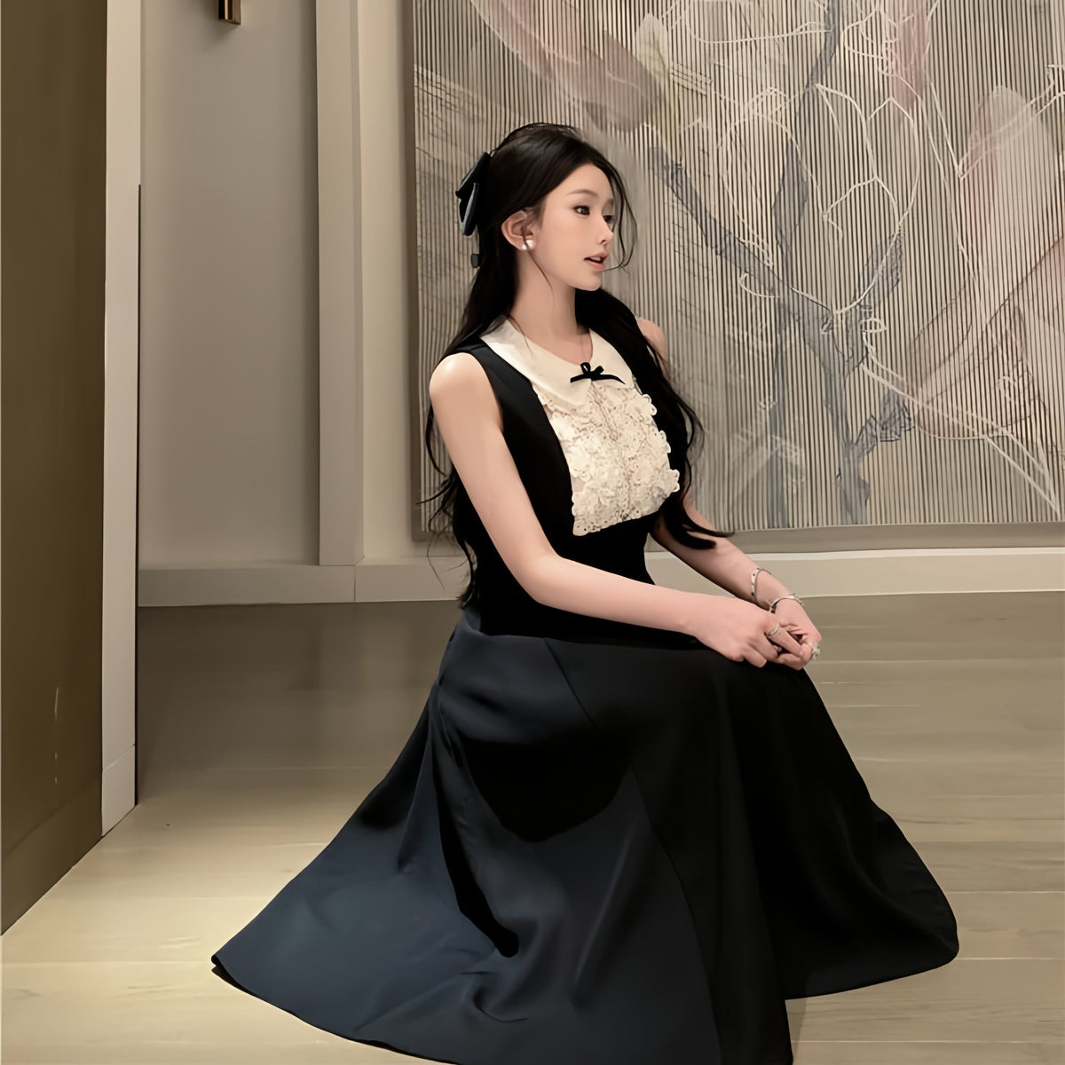 【dress】ノースリーブレースドッキングワンピース　M31116