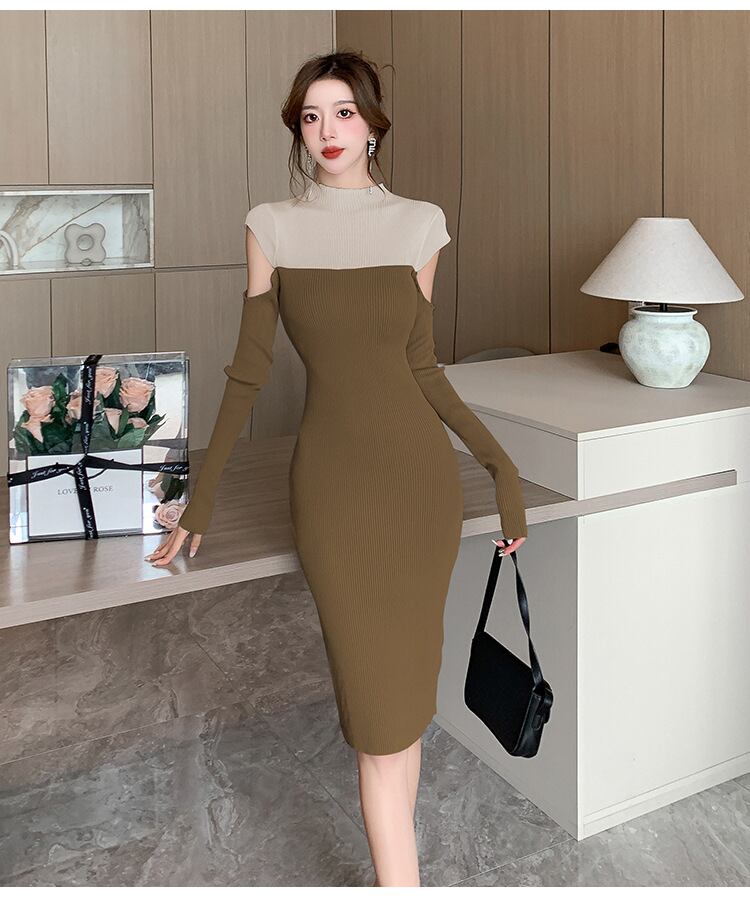 【dress】配色ドッキングオフショルダーニットワンピース　M18121