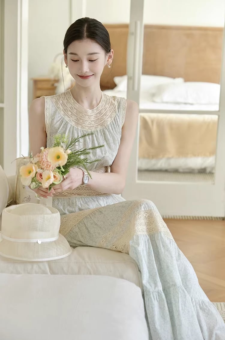 【dress】レースドッキングロングワンピース Q8386
