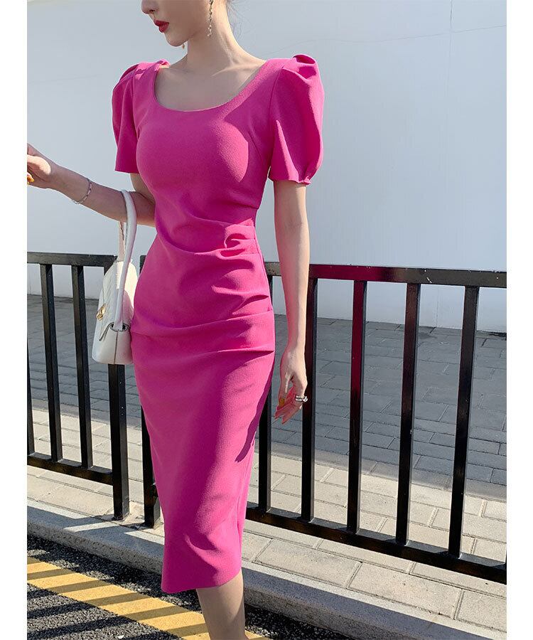 【dress】一目惚れ！韓国風INS風OL通勤スクエアネック半袖パフ袖スリット無地タイトワンピースF2364