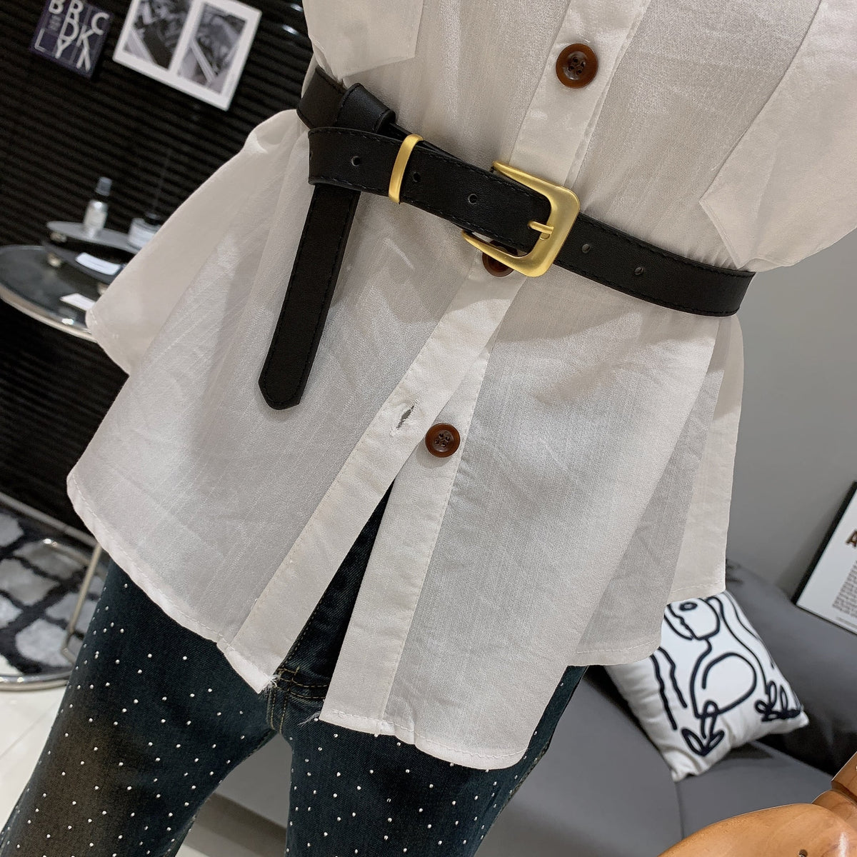 【tops】POLOネックノースリーブシャツトップスベルト付き　M25014