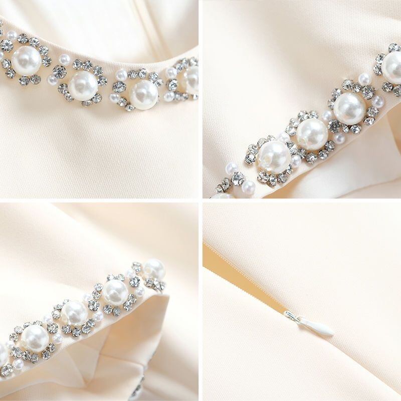 【dress】美人度アップラウンドネック半袖ビーズ飾り無地韓国ファッションワンピースF5030