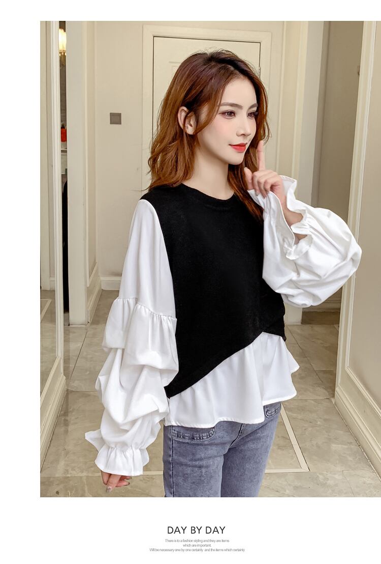【tops】韓国ファッション早秋新作ラウンドネック長袖パフ袖偽二つ切り替えニットブラウスF0743