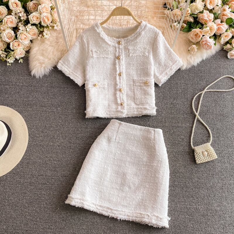 【set】高級感溢れる?3色ラウンドネックトップス+タイトスカートOL通勤セットアップF5647