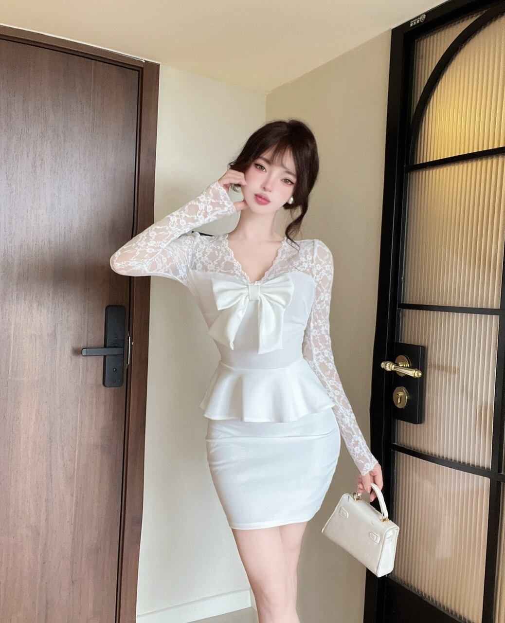 【dress】レース切り替えリボン付きワンピース　M27379