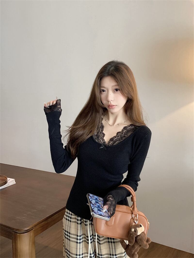 【tops】レースドッキングニットトップス　N2897