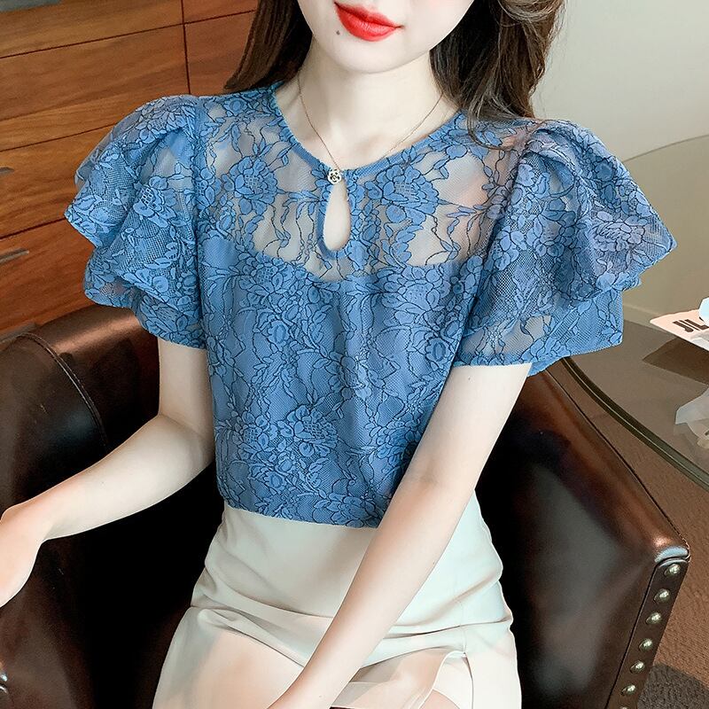 【tops】透かし彫りレースブラウスG21385