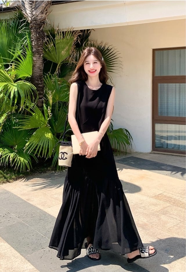 【dress】チュールドッキングロングワンピース　K0554
