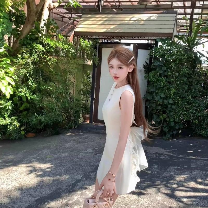 【dress】バックリボンレースドッキングミニワンピース Q8390