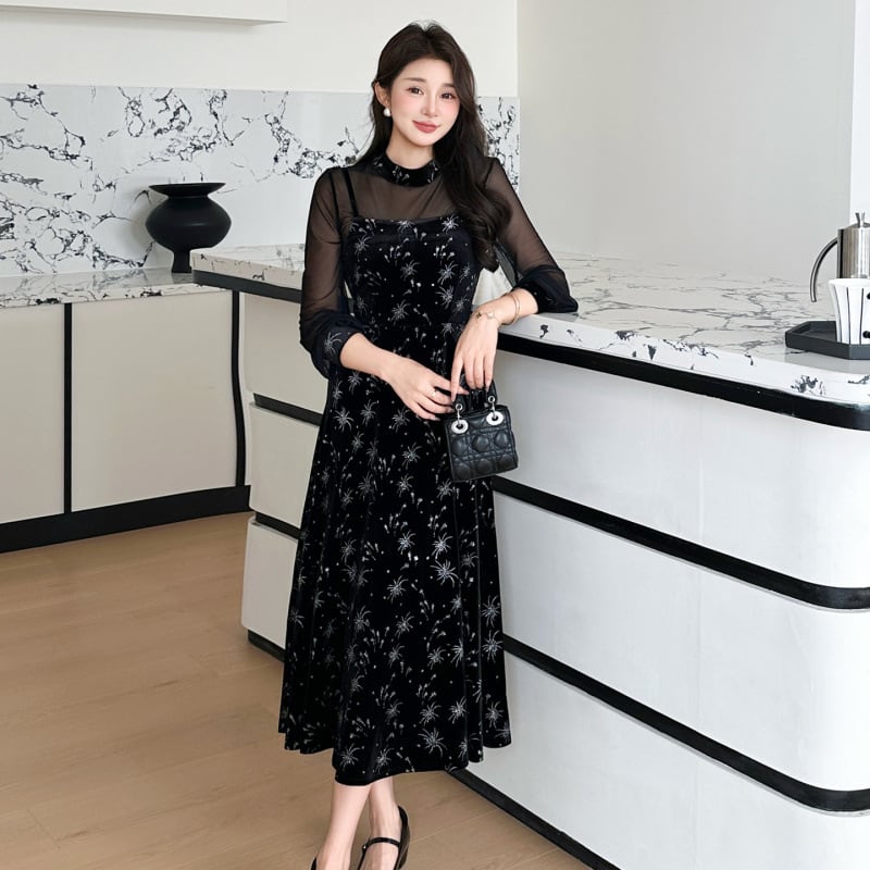 【dress】チュールドッキングベルベットワンピース Q7045
