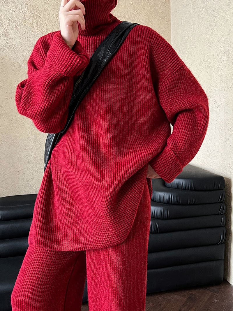 【set】ハイネックニットトップス×ワイドパンツセット　N2913
