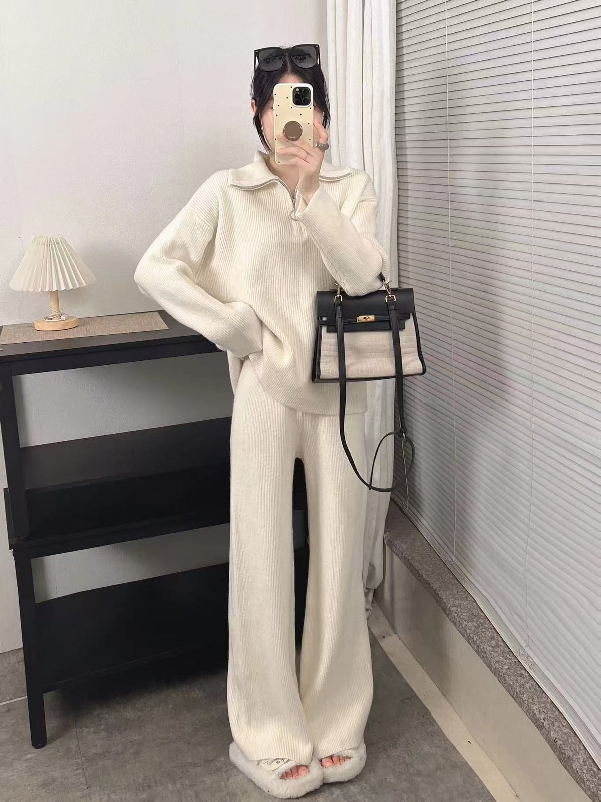 【set】ファスナーニットセーター×ワイドパンツセット　M26225