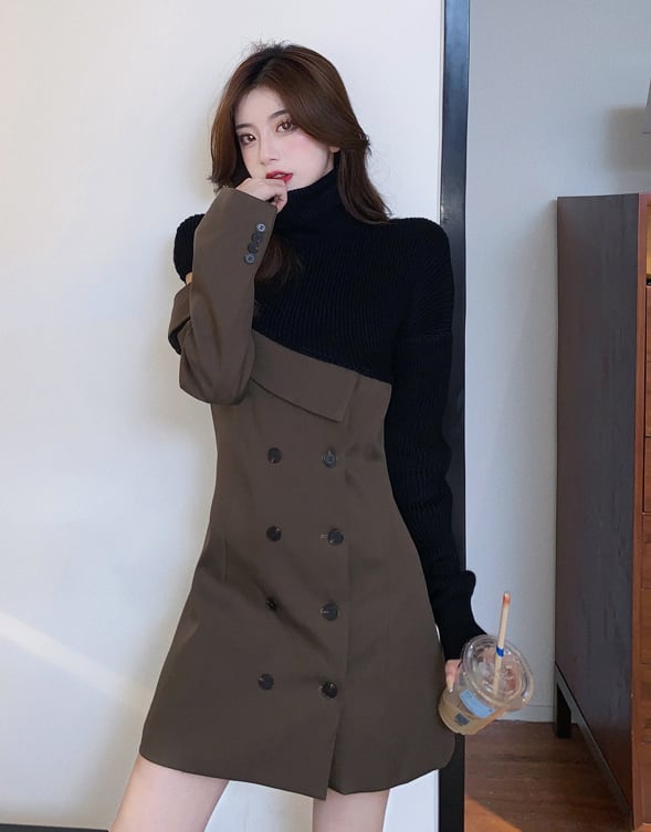 【dress】一目惚れ！ハイネック長袖ニット替え体型カバーファッション配色ワンピースF0972