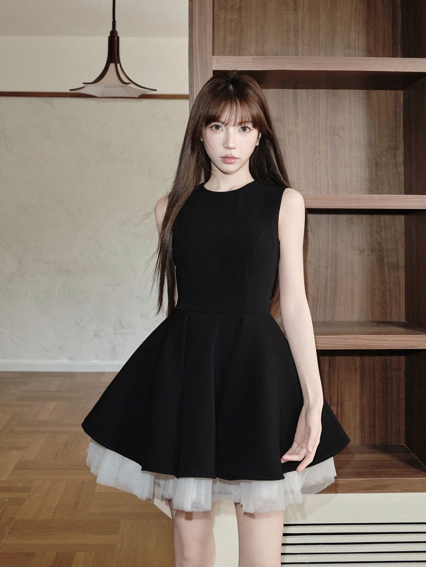 【dress】チュールドッキングノースリーブワンピース　N3093