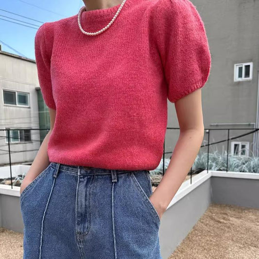 【tops】半袖パフ袖ニットＴシャツF7427