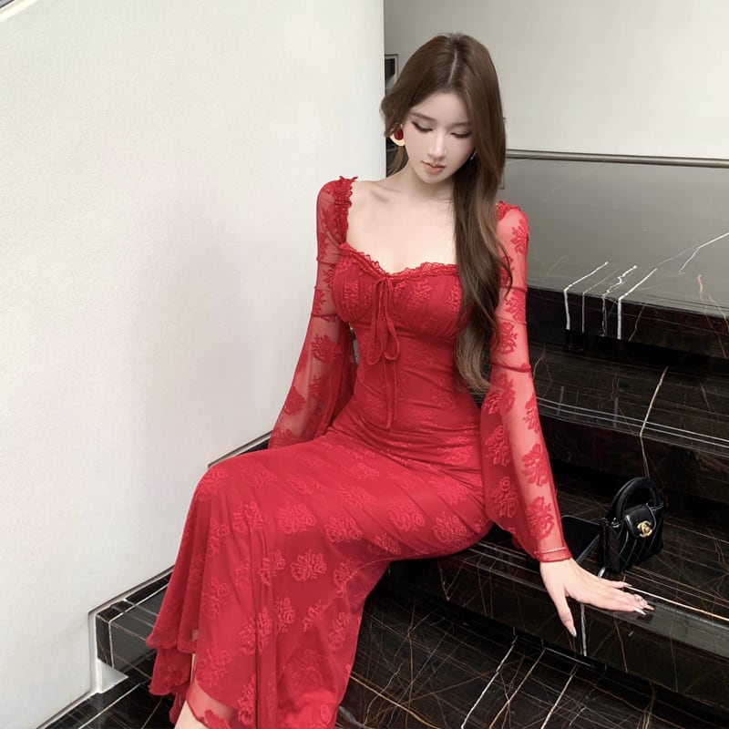 【dress】スクエアネックレースワンピース Q7419
