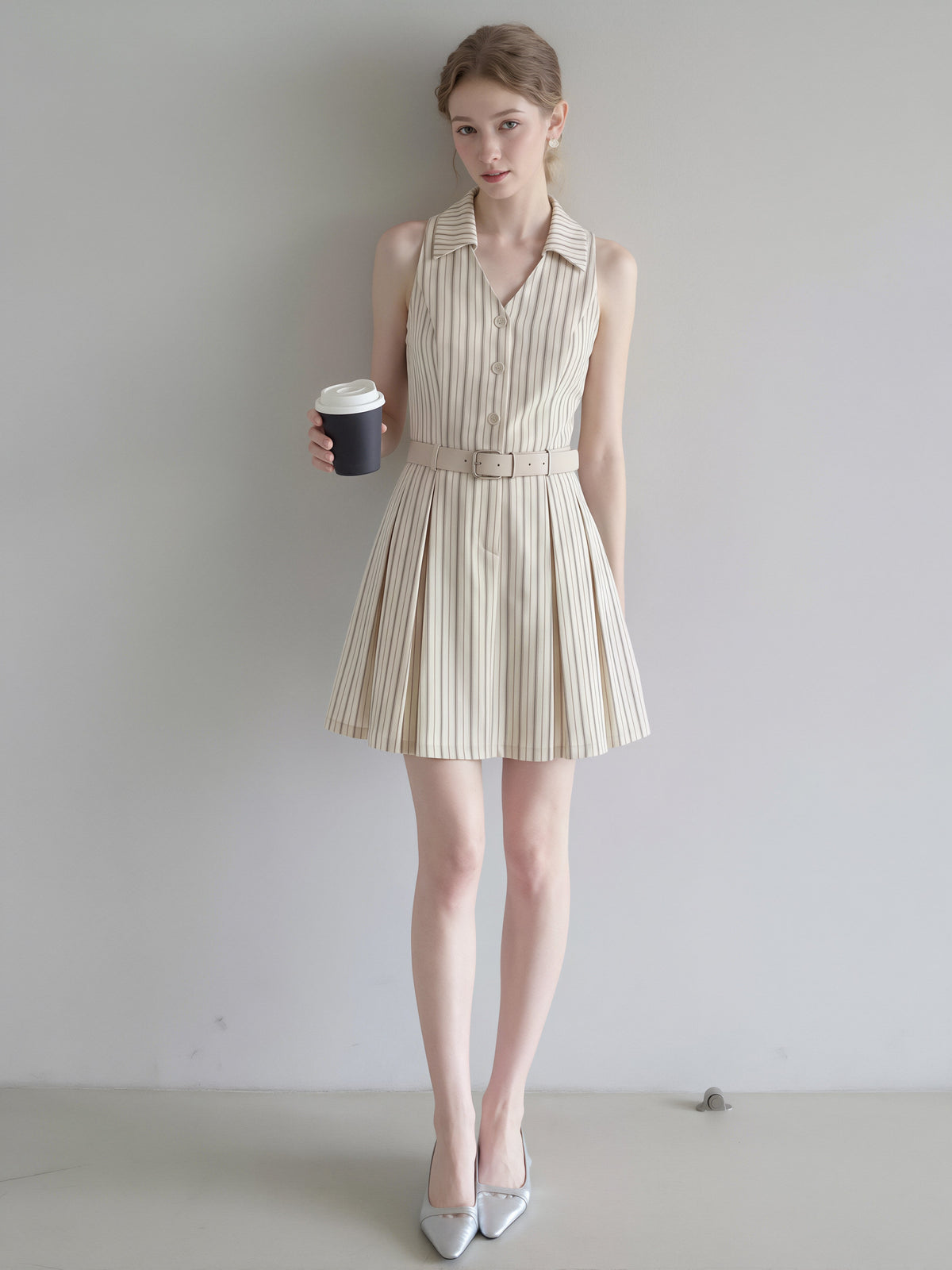 【dress】ノースリーブストライプ柄シャツワンピース Q8829
