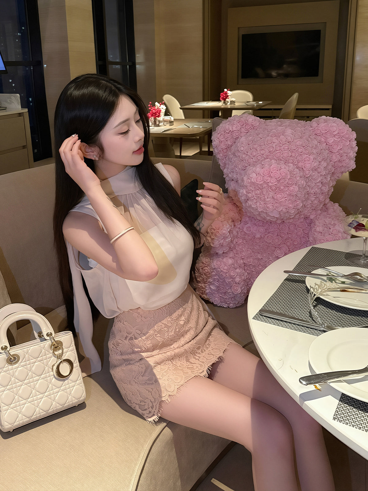 【set】シアーチュールトップス×チューブ×レーススカートセット Q8708