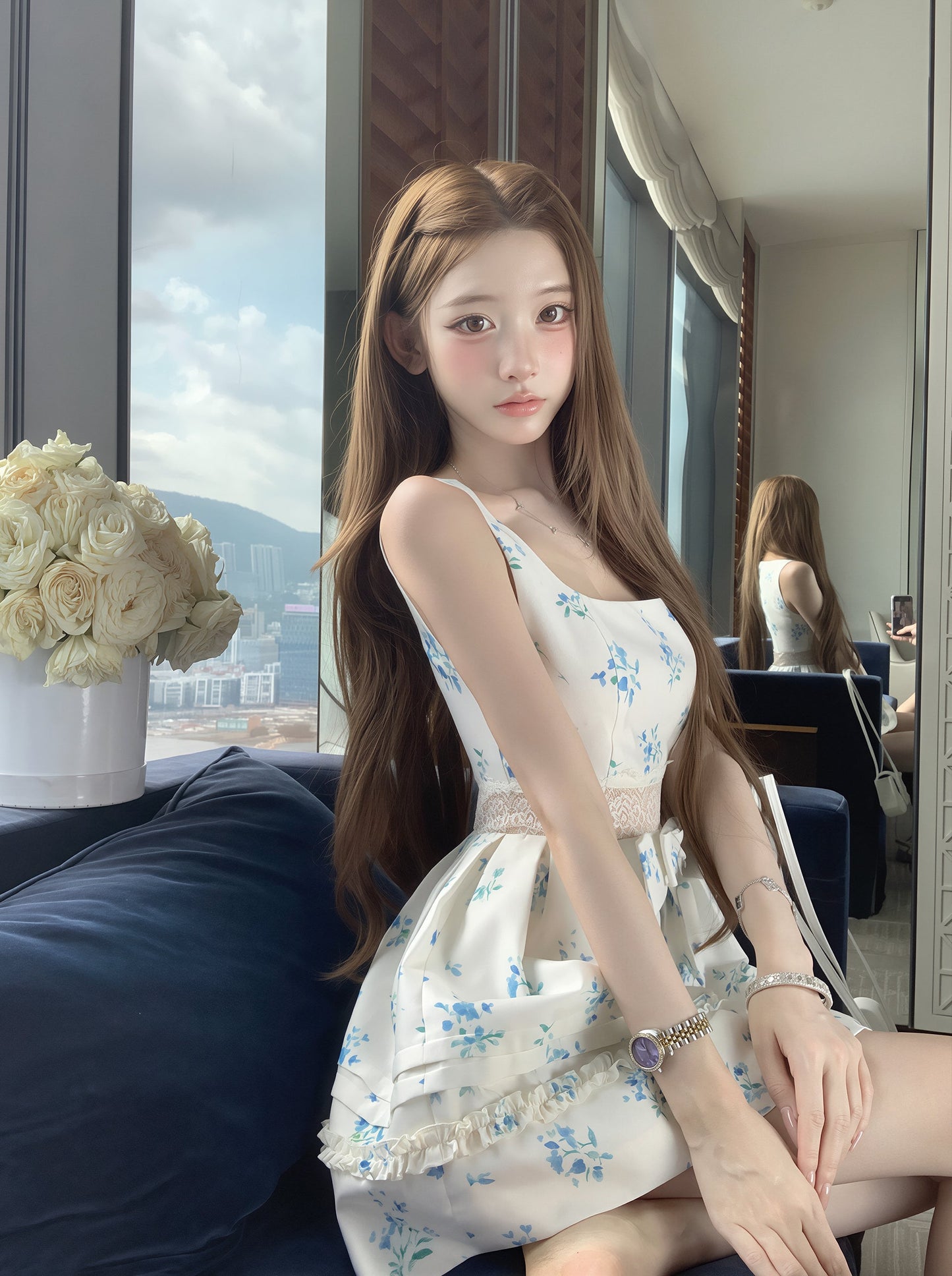 【dress】フラワー柄レースドッキングワンピース Q8757